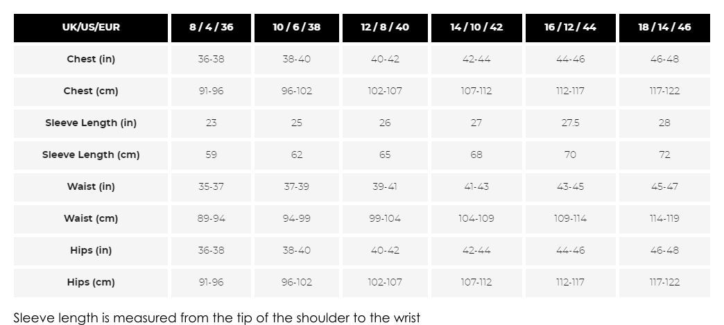 Switch Womens Jacket Sizing Guide