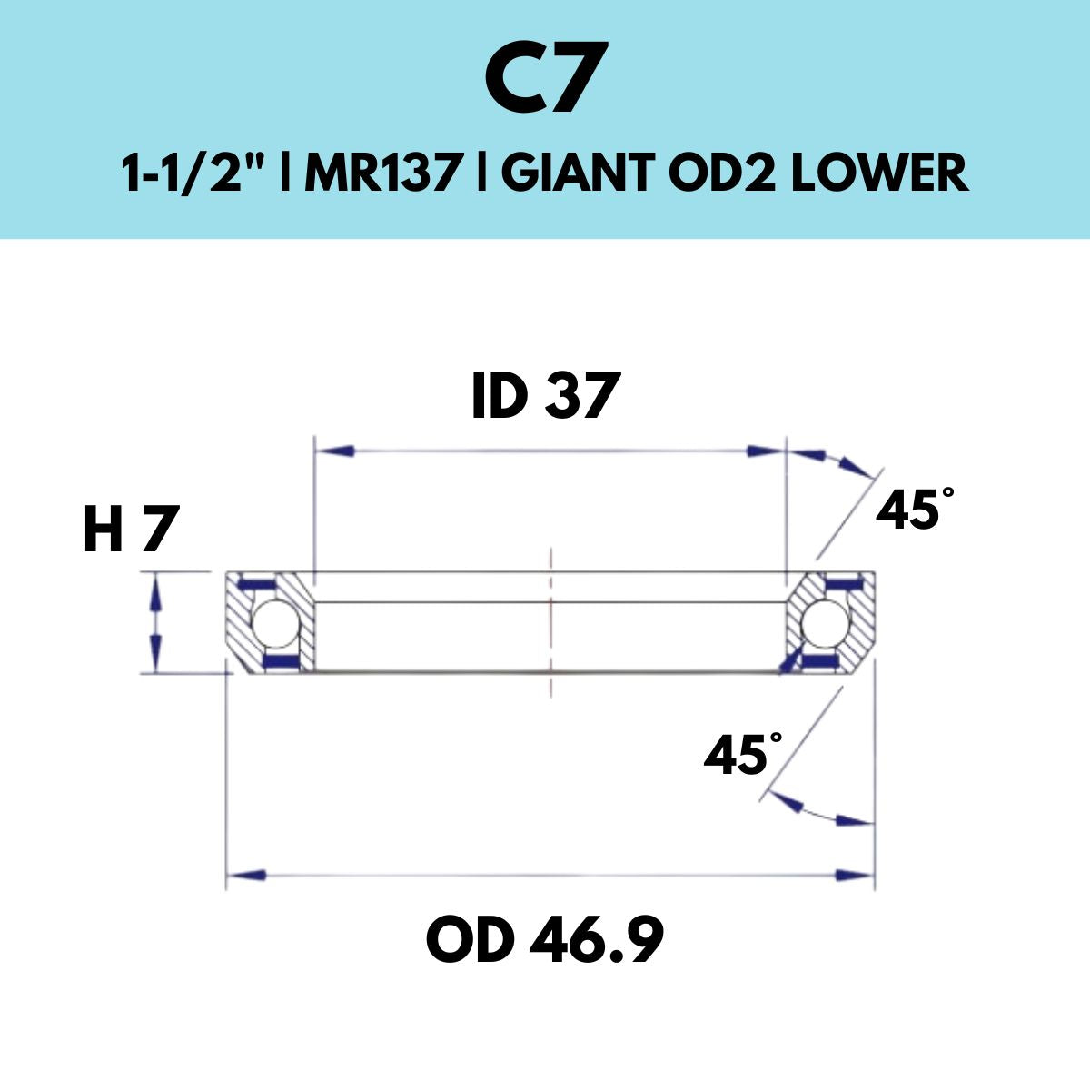 Black Bearing 1 1/2" Headset Bearing C7 Giant Od2 Lower