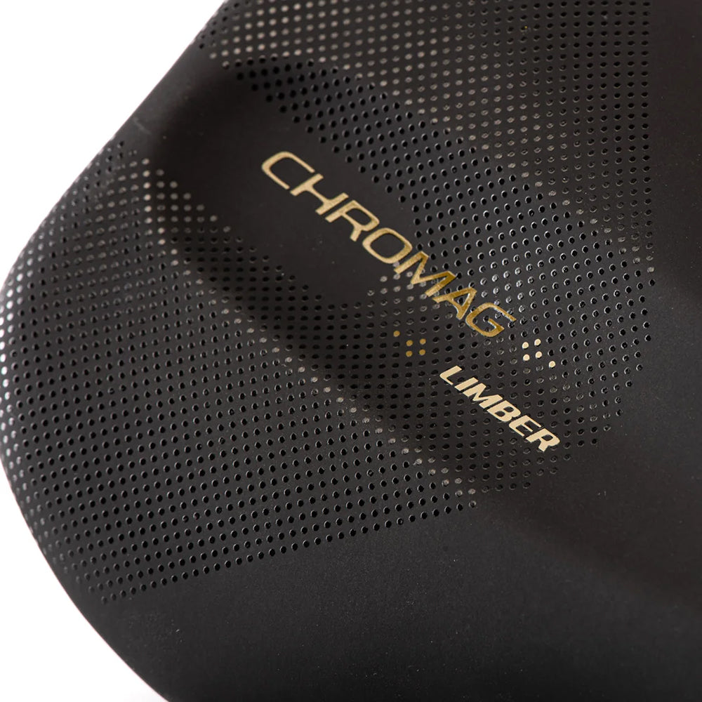 Chromag Limber saddle Black/Sand cover texture and logo detail