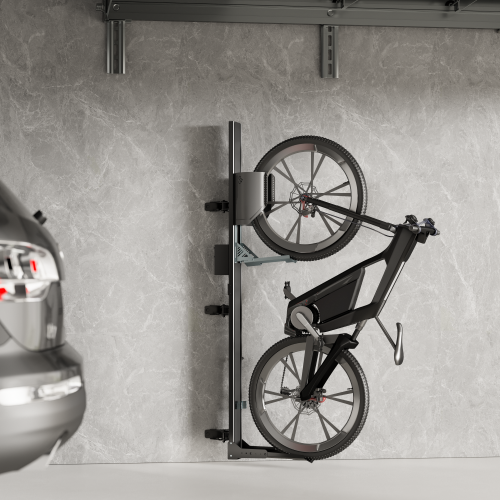 Maverack EasyLift storing an e-bike vertically in a garage