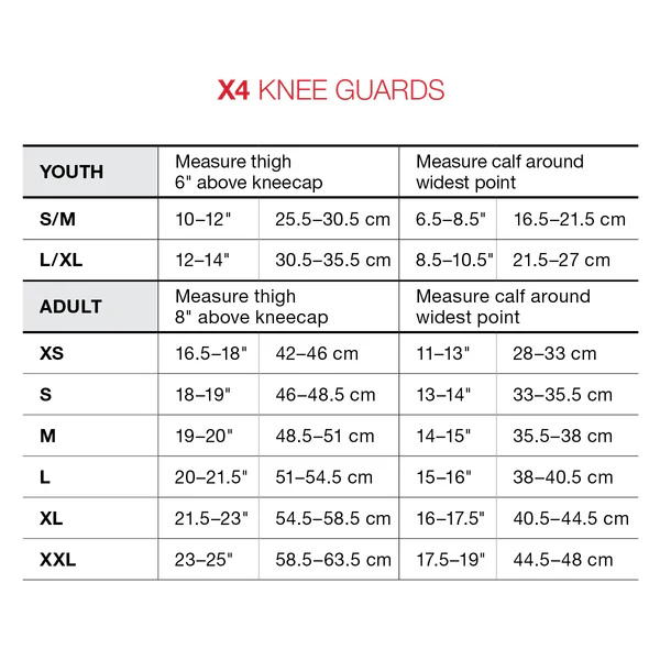 X4 Knee Size Chart
