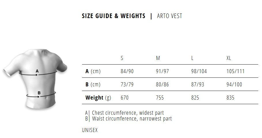 Arto Vest size guide
